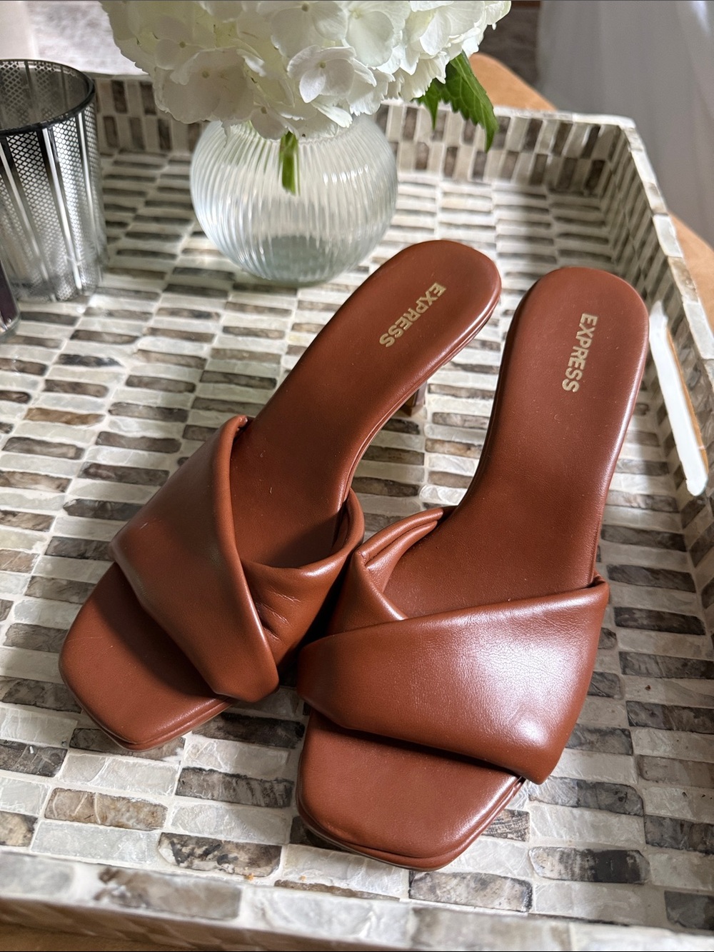 Express Women's Cognac Twisted Slide Mules